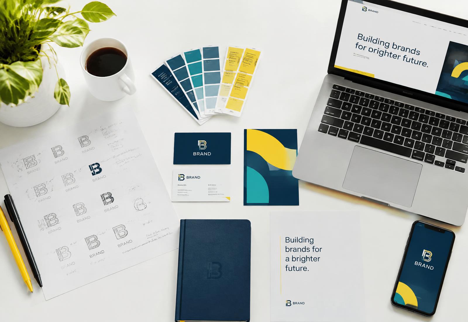 Branding kit with logo sketches, business cards and website